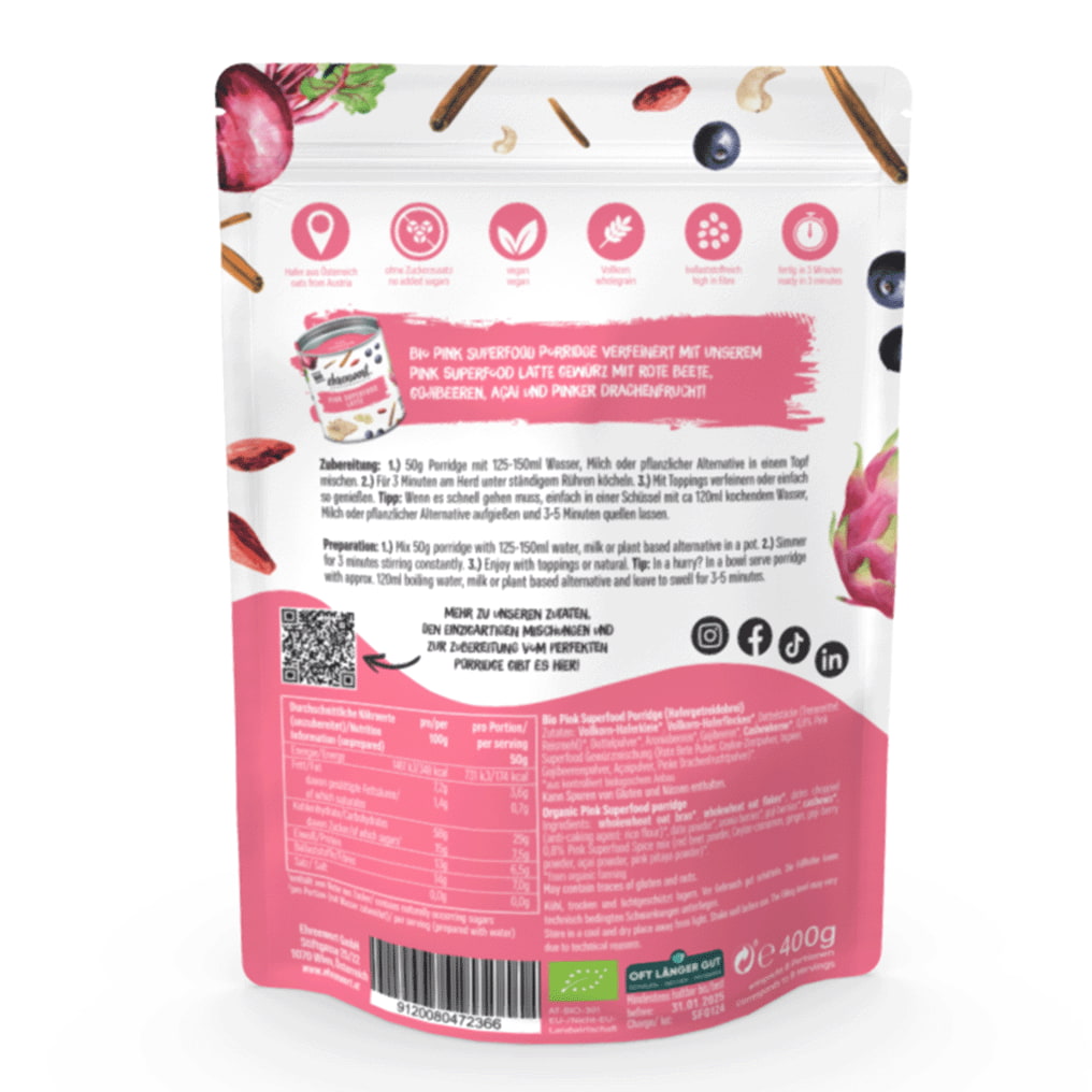 Bio Pink Superfood Porridge Produktabbildung Rueckseite